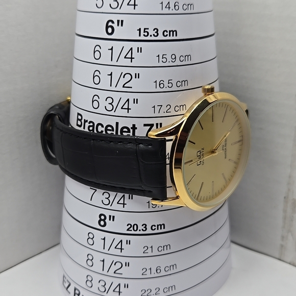 Q&Q Quartz Gold Tone 40mm Dress Watch Leather Strap New Battery IPG WR30M Mens L - Picture 6 of 11